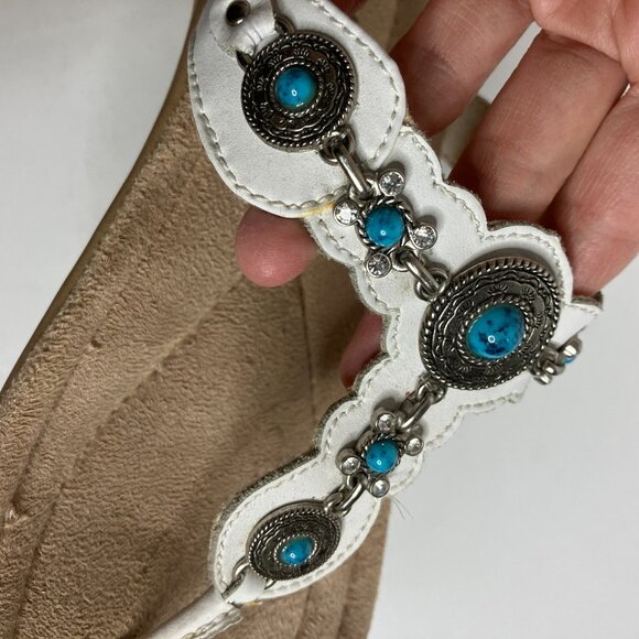 Minnetonka Shoes Women Size 9 Sandals White Leather Silver Faux Turquoise Boho - Picture 3 of 13